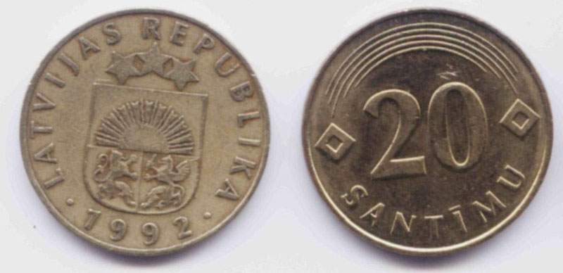 Латвия. Монета 20 сантимов. 1992