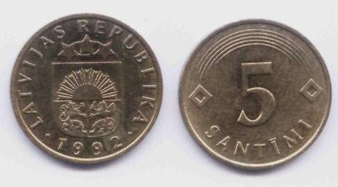 Латвия. Монета 5 сантимов. 1992