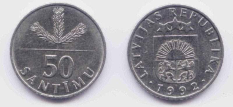 Латвия. Монета 50 сантимов. 1992